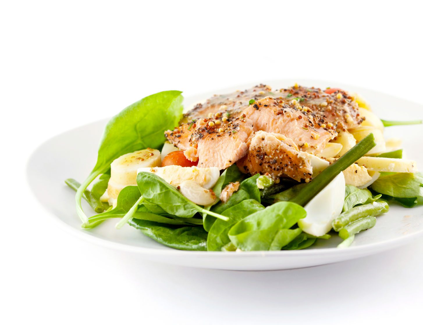 a prepared plate of food, greens and meat